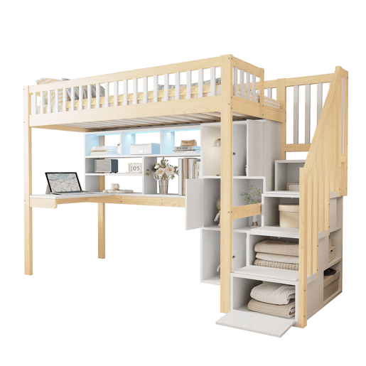 Cama alta 90x200 cm - LED, escada com prateleiras, secretária e arrumação - BrancoNatural