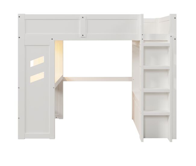 Cama alta 90x200 cm - gaming con escritorio, led, 1 usb, 1 tipo c, con estante, blanco