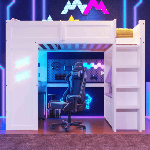 Cama alta 90x200 cm - Gaming com secretária, LED, 1 USB, 1 tipo C, com prateleira, branca