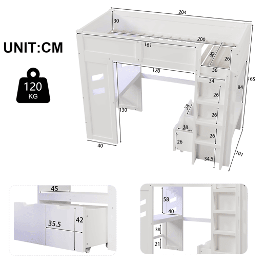 Cama alta 90x200 cm - Gaming com secretária, LED, 1 USB, 1 tipo C, com prateleira, branca