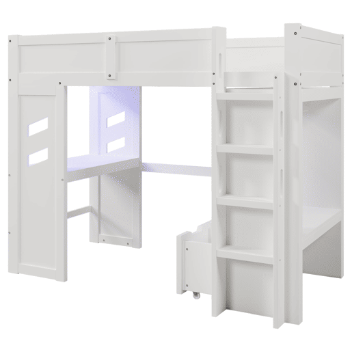 Cama alta 90x200 cm - Gaming com secretária, LED, 1 USB, 1 tipo C, com prateleira, branca