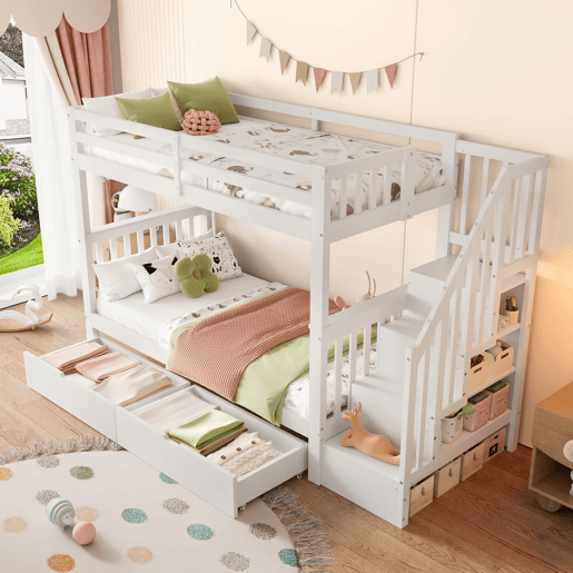 Beliche 90x200 cm - Com escada, 2 gavetas, grades altas, certificado EN747-1, branco