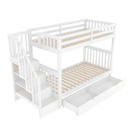 Beliche 90x200 cm - Com escada, 2 gavetas, grades altas, certificado EN747-1, branco
