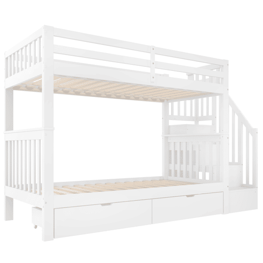 Beliche 90x200 cm - Com escada, 2 gavetas, grades altas, certificado EN747-1, branco