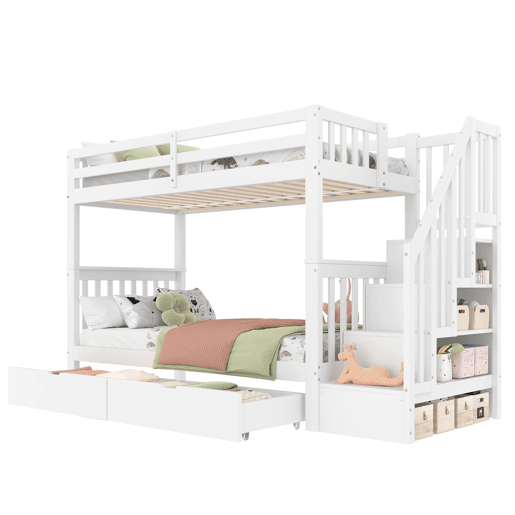 Beliche 90x200 cm - Com escada, 2 gavetas, grades altas, certificado EN747-1, branco