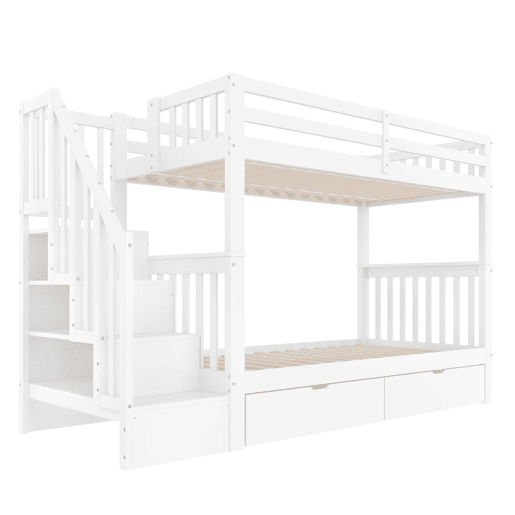 Beliche 90x200 cm - Com escada, 2 gavetas, grades altas, certificado EN747-1, branco