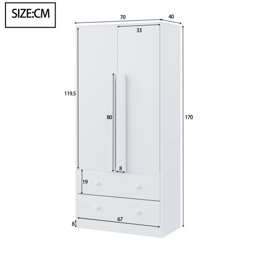 Armário roupeiro 70x40x170 cm - Porta dupla, gavetas e prateleiras - Branco