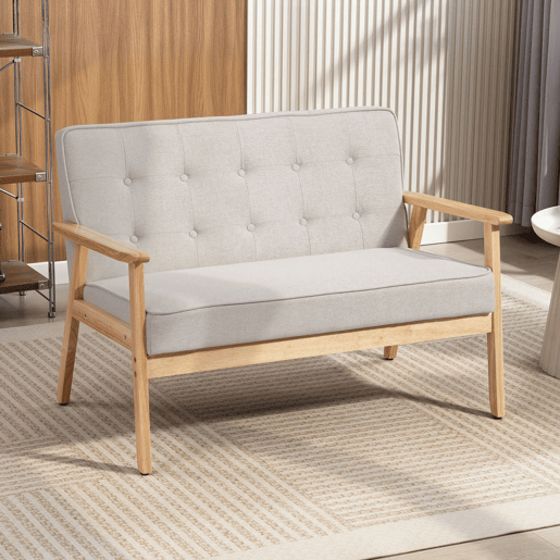 HOMCOM Sofá de 2 Lugares com Encosto e Almofadas Acolchoados Pés de Madeira Antiderrapantes para Sala de Estar Dormitório Oficina 113x67x78 cm Bege