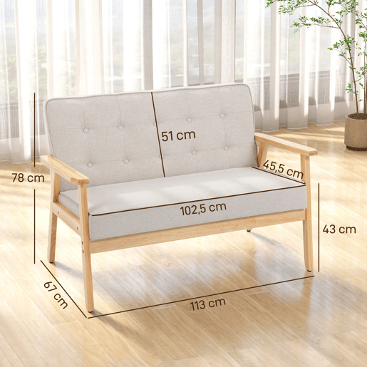 HOMCOM Sofá de 2 Lugares com Encosto e Almofadas Acolchoados Pés de Madeira Antiderrapantes para Sala de Estar Dormitório Oficina 113x67x78 cm Bege