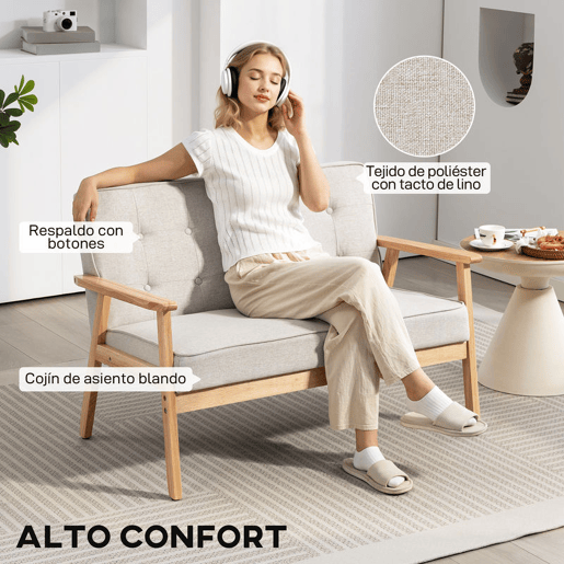 HOMCOM Sofá de 2 Lugares com Encosto e Almofadas Acolchoados Pés de Madeira Antiderrapantes para Sala de Estar Dormitório Oficina 113x67x78 cm Bege