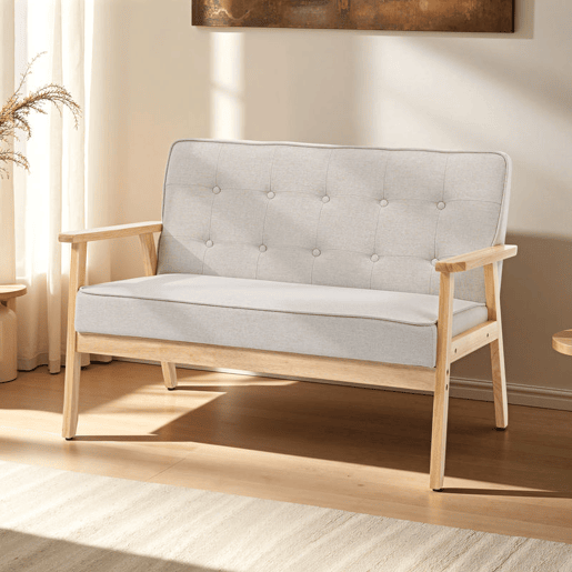 HOMCOM Sofá de 2 Lugares com Encosto e Almofadas Acolchoados Pés de Madeira Antiderrapantes para Sala de Estar Dormitório Oficina 113x67x78 cm Bege