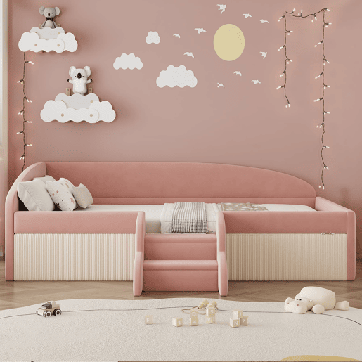 Cama multifuncional 90x190 cm - Com degraus e barreiras - Veludo macio - Rosa + Branco creme
