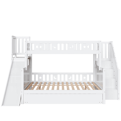Cama infantil 90x200140x200 - Beliche em madeira maciça com escorregador, prateleira, cama com rodízios e estrado - Branco