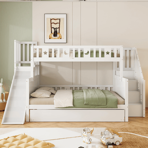 Cama infantil 90x200140x200 - Beliche em madeira maciça com escorregador, prateleira, cama com rodízios e estrado - Branco