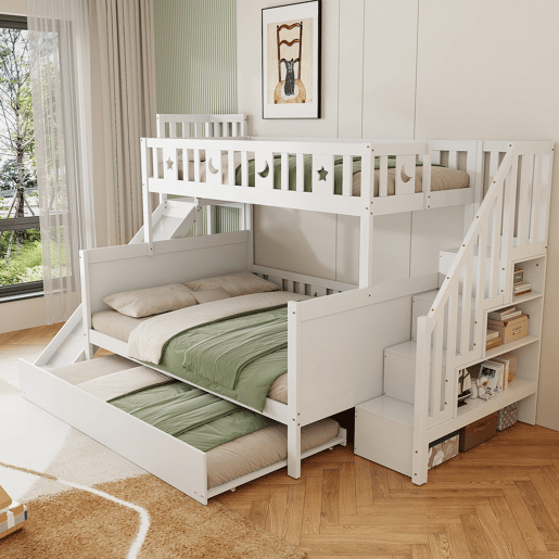 Cama infantil 90x200140x200 - Beliche em madeira maciça com escorregador, prateleira, cama com rodízios e estrado - Branco