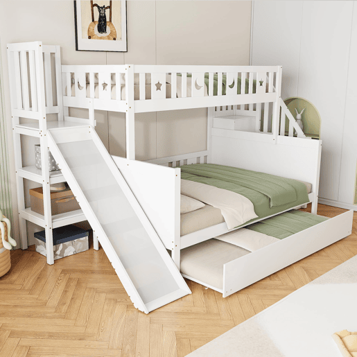 Cama infantil 90x200140x200 - Beliche em madeira maciça com escorregador, prateleira, cama com rodízios e estrado - Branco