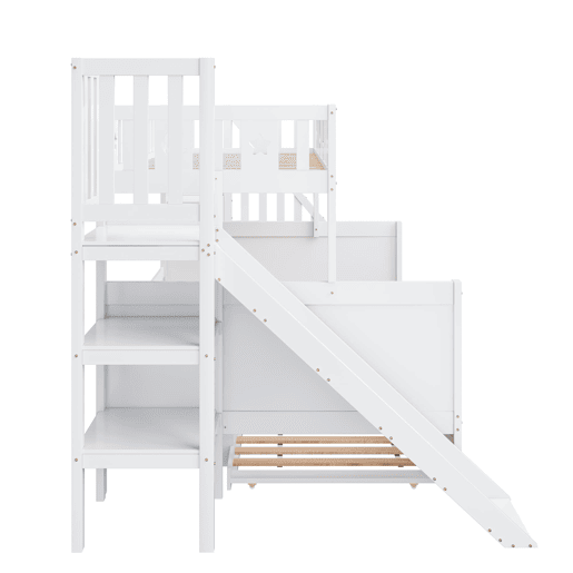 Cama infantil 90x200140x200 - Beliche em madeira maciça com escorregador, prateleira, cama com rodízios e estrado - Branco