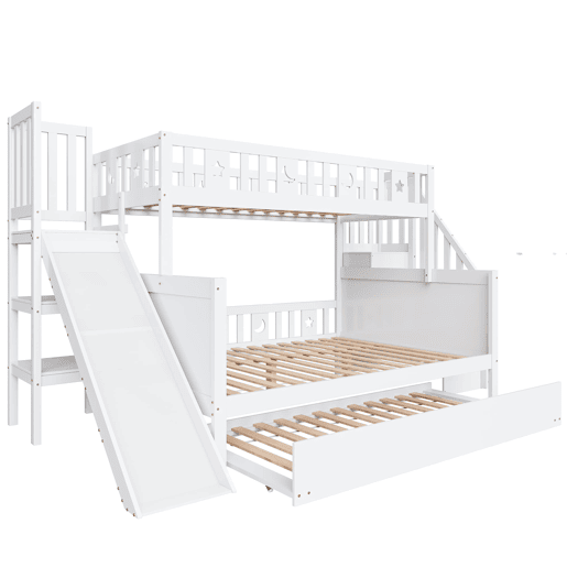 Cama infantil 90x200140x200 - Beliche em madeira maciça com escorregador, prateleira, cama com rodízios e estrado - Branco