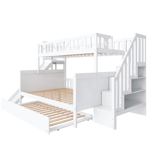 Cama infantil 90x200140x200 - Beliche em madeira maciça com escorregador, prateleira, cama com rodízios e estrado - Branco
