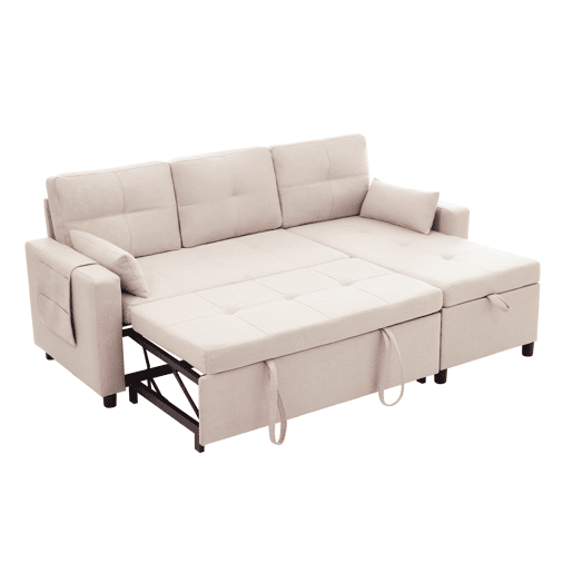 Sofá moderno em L com 3 lugares - Sofá modular conversível - Com arrumação e suporte para bebidas - Bege