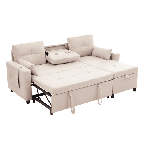 Sofá moderno em L com 3 lugares - Sofá modular conversível - Com arrumação e suporte para bebidas - Bege