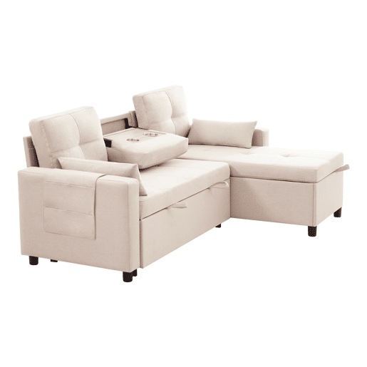 Sofá moderno em L com 3 lugares - Sofá modular conversível - Com arrumação e suporte para bebidas - Bege