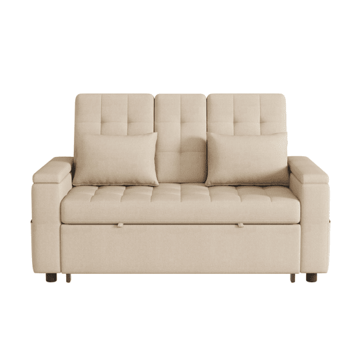 Sofá-cama de 2 lugares - Com arrumação, encosto ajustável, almofadas e apoios de braços, bege Sofá-cama de 2 lugares - Com arrumação, encosto ajustável, almofadas e apoios de braços, bege