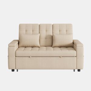 Sofá-cama de 2 lugares - Com arrumação, encosto ajustável, almofadas e apoios de braços, bege