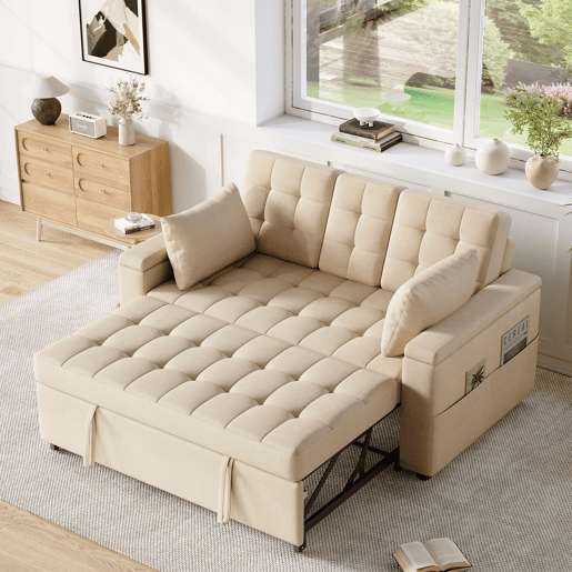 Sofá-cama de 2 lugares - Com arrumação, encosto ajustável, almofadas e apoios de braços, bege Sofá-cama de 2 lugares - Com arrumação, encosto ajustável, almofadas e apoios de braços, bege