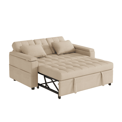 Sofá-cama de 2 lugares - Com arrumação, encosto ajustável, almofadas e apoios de braços, bege Sofá-cama de 2 lugares - Com arrumação, encosto ajustável, almofadas e apoios de braços, bege