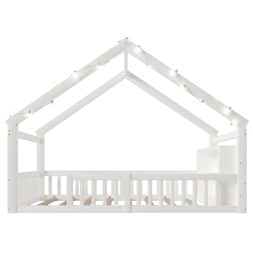 Cama baixa 140x190 cm - Berço com grades, estilo minimalista, madeira de pinho, branco