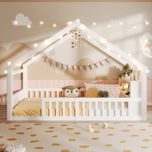 Cama baixa 140x190 cm - Berço com grades, estilo minimalista, madeira de pinho, branco