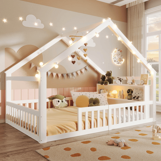 Cama baixa 140x190 cm - Berço com grades, estilo minimalista, madeira de pinho, branco