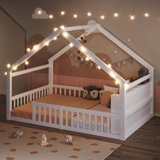 Cama baixa 140x190 cm - Berço com grades, estilo minimalista, madeira de pinho, branco