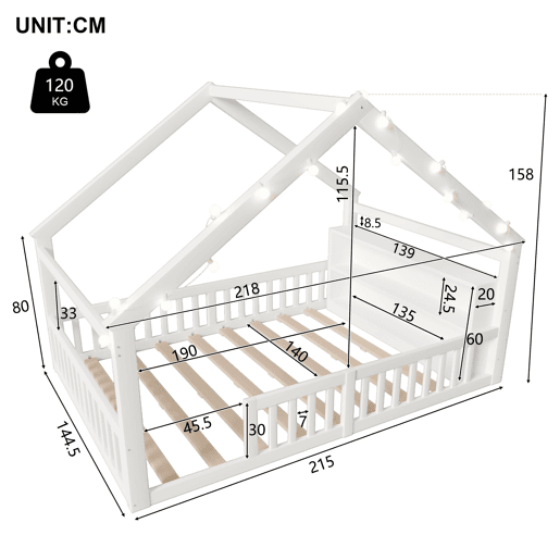 Cama baixa 140x190 cm - Berço com grades, estilo minimalista, madeira de pinho, branco