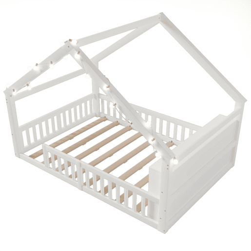 Cama baixa 140x190 cm - Berço com grades, estilo minimalista, madeira de pinho, branco