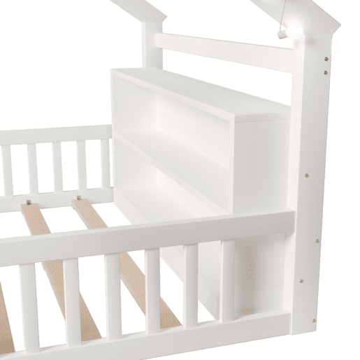 Cama baixa 140x190 cm - Berço com grades, estilo minimalista, madeira de pinho, branco