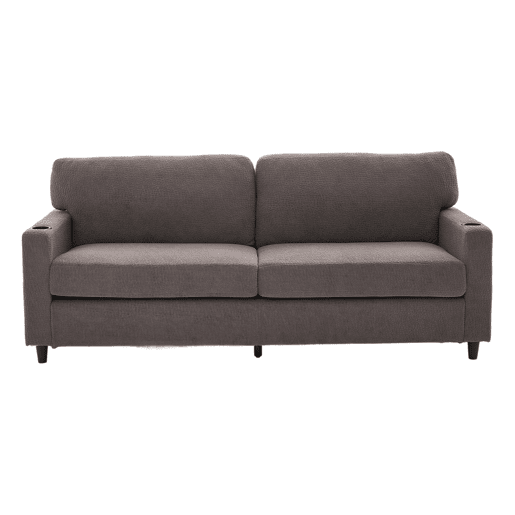 Sofá Chenille 2 lugares - USB-C, LED ambiente, porta-copos, bolsos - Cinza claro