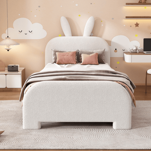 Cama plana 90x200 cm - Acolchoada, resistente à lã de ovelha, em forma de coelho, 2 gavetas - Branca