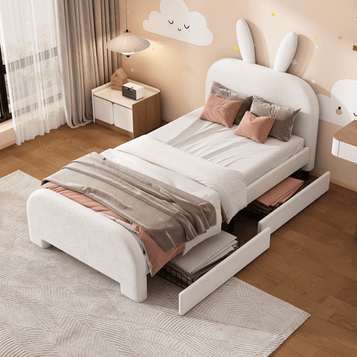 Cama plana 90x200 cm - Acolchoada, resistente à lã de ovelha, em forma de coelho, 2 gavetas - Branca