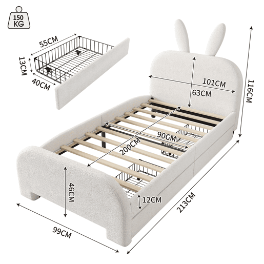 Cama plana 90x200 cm - Acolchoada, resistente à lã de ovelha, em forma de coelho, 2 gavetas - Branca