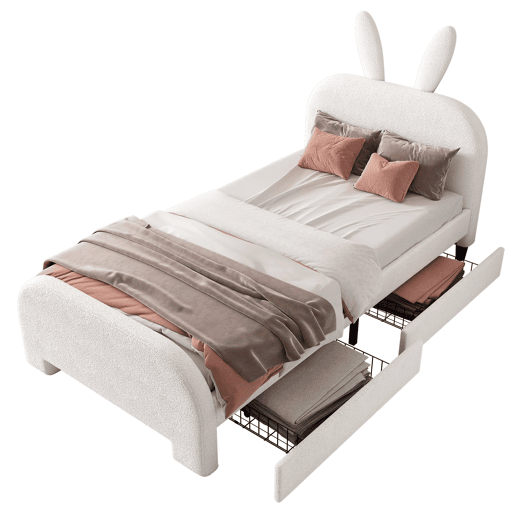 Cama plana 90x200 cm - Acolchoada, resistente à lã de ovelha, em forma de coelho, 2 gavetas - Branca