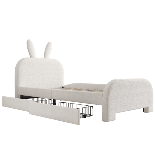 Cama plana 90x200 cm - Acolchoada, resistente à lã de ovelha, em forma de coelho, 2 gavetas - Branca
