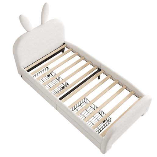 Cama plana 90x200 cm - Acolchoada, resistente à lã de ovelha, em forma de coelho, 2 gavetas - Branca