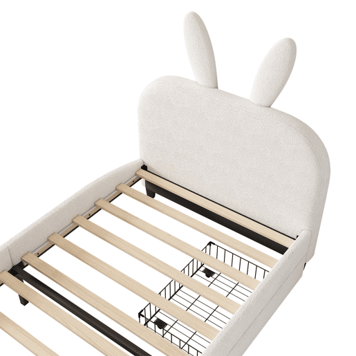 Cama plana 90x200 cm - Acolchoada, resistente à lã de ovelha, em forma de coelho, 2 gavetas - Branca