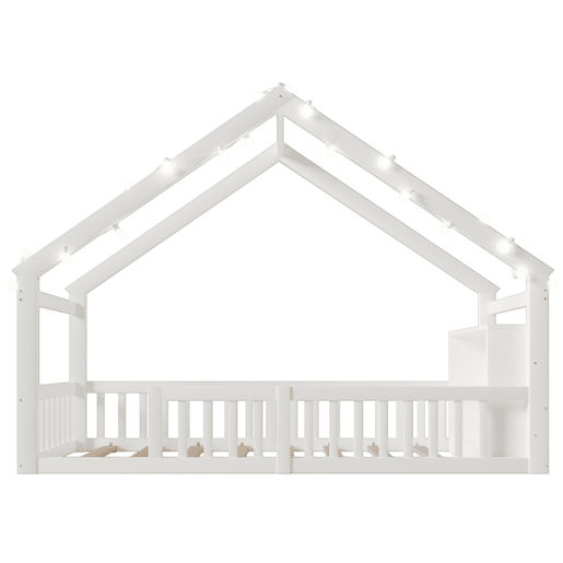 Cama baixa 90x190 cm - Berço com grades, estrutura em forma de casa, estilo minimalista, branco