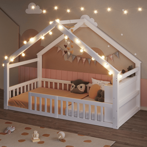 Cama baixa 90x190 cm - Berço com grades, estrutura em forma de casa, estilo minimalista, branco