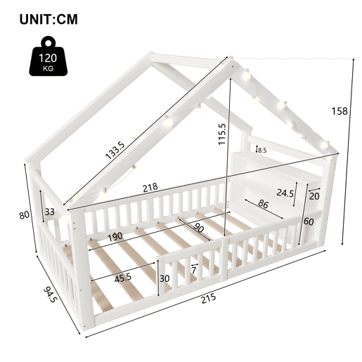 Cama baixa 90x190 cm - Berço com grades, estrutura em forma de casa, estilo minimalista, branco