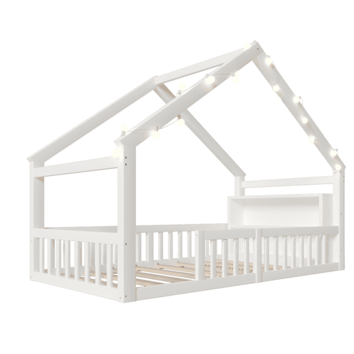 Cama baixa 90x190 cm - Berço com grades, estrutura em forma de casa, estilo minimalista, branco