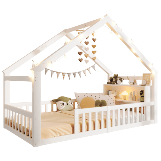 Cama baixa 90x190 cm - Berço com grades, estrutura em forma de casa, estilo minimalista, branco